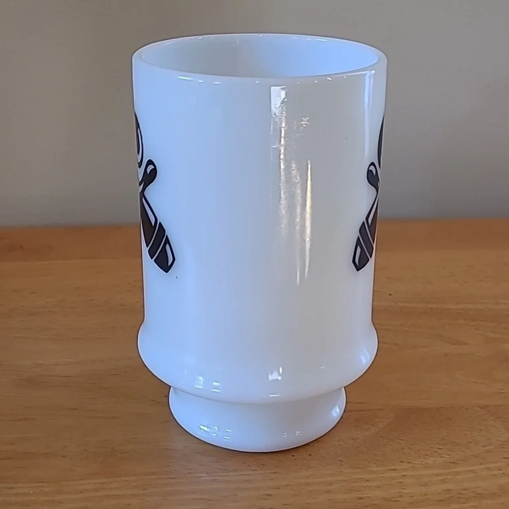 VINTAGE Milk Glass Bowling Theme Double Sided Graphic Pedestal Mug - Picture 3 of 14